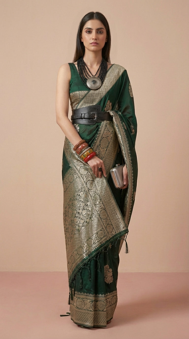 Emerald Green Korsa Georgette Khaddi Saree