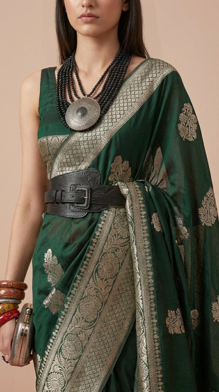 Emerald Green Korsa Georgette Khaddi Saree