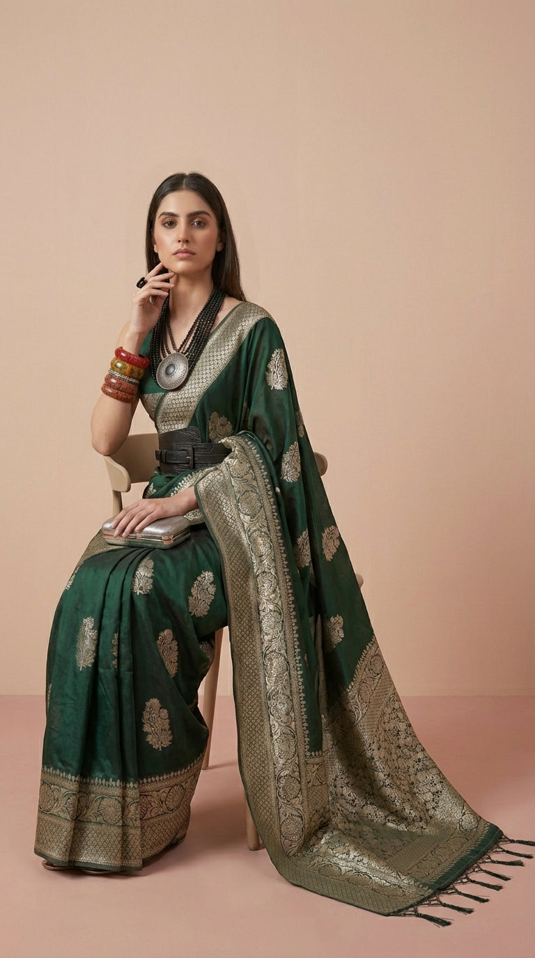 Emerald Green Korsa Georgette Khaddi Saree