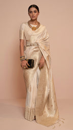 Ivory White & Gold Korsa Georgette Khaddi Saree