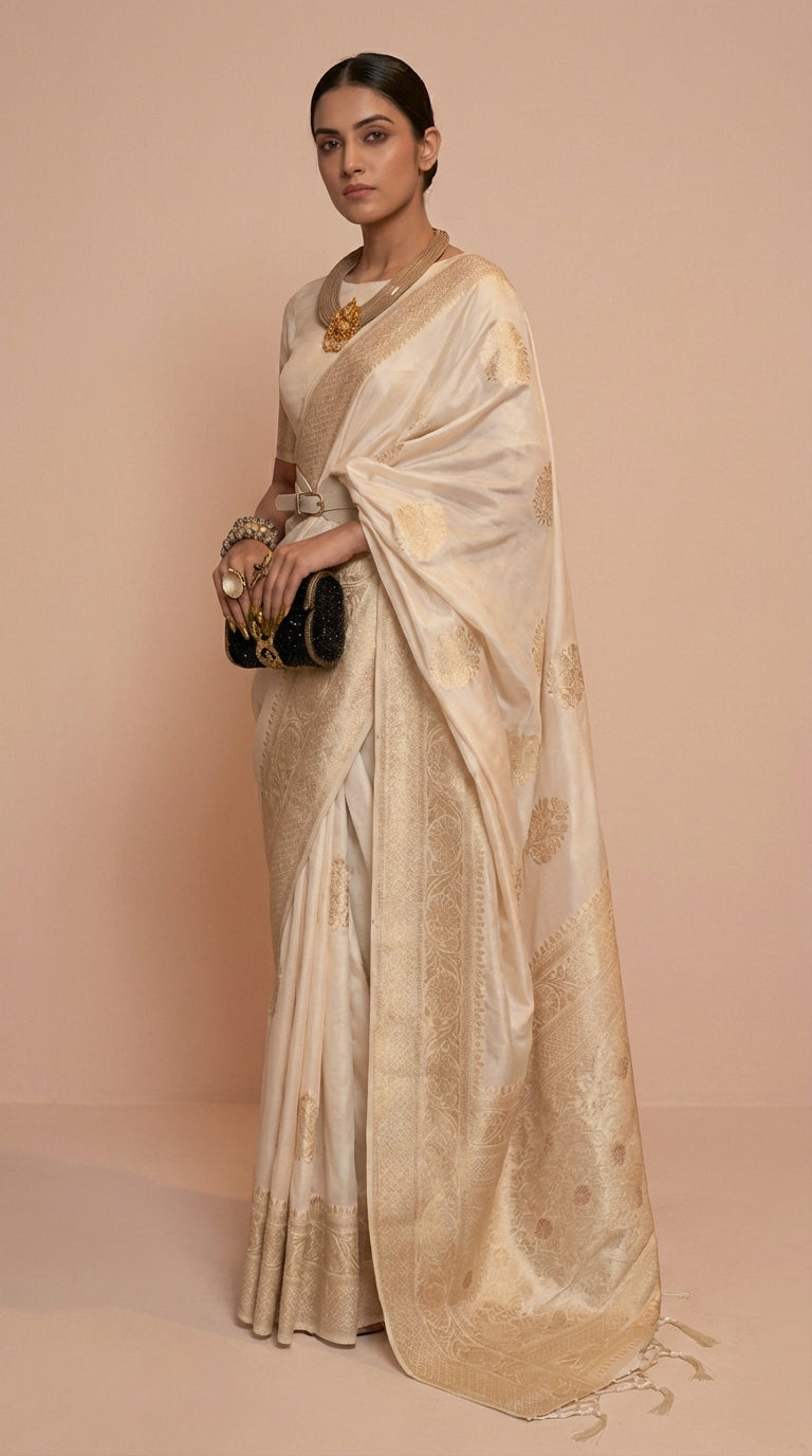 Ivory White & Gold Korsa Georgette Khaddi Saree
