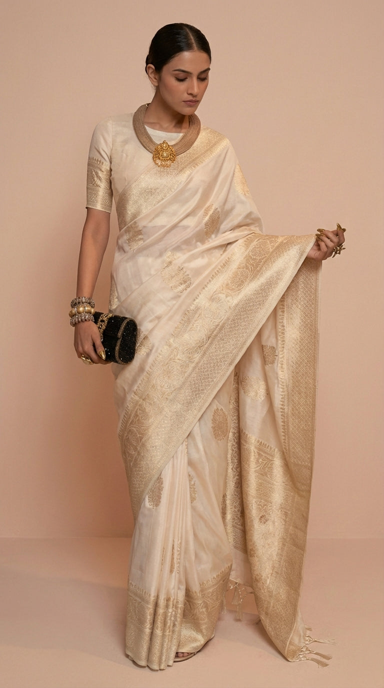 Ivory White & Gold Korsa Georgette Khaddi Saree