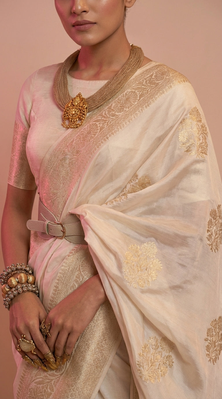 Ivory White & Gold Korsa Georgette Khaddi Saree