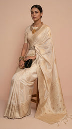 Ivory White & Gold Korsa Georgette Khaddi Saree