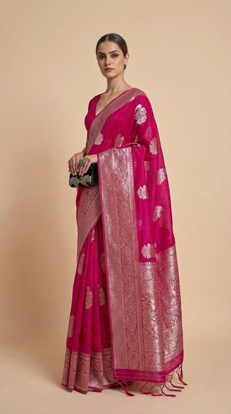 Radiant Magenta Korsa Georgette Khaddi Saree