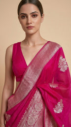 Radiant Magenta Korsa Georgette Khaddi Saree