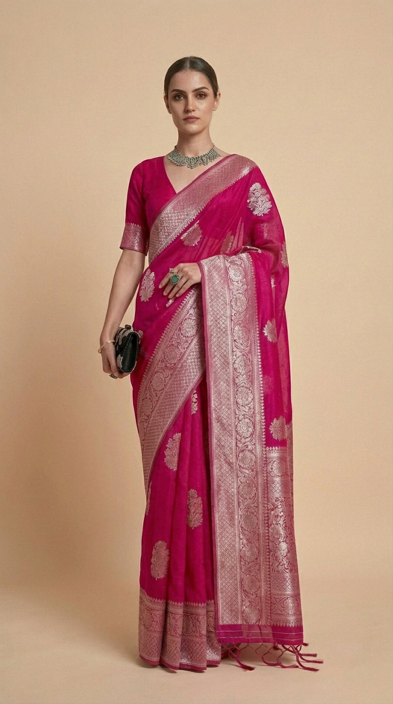 Radiant Magenta Korsa Georgette Khaddi Saree