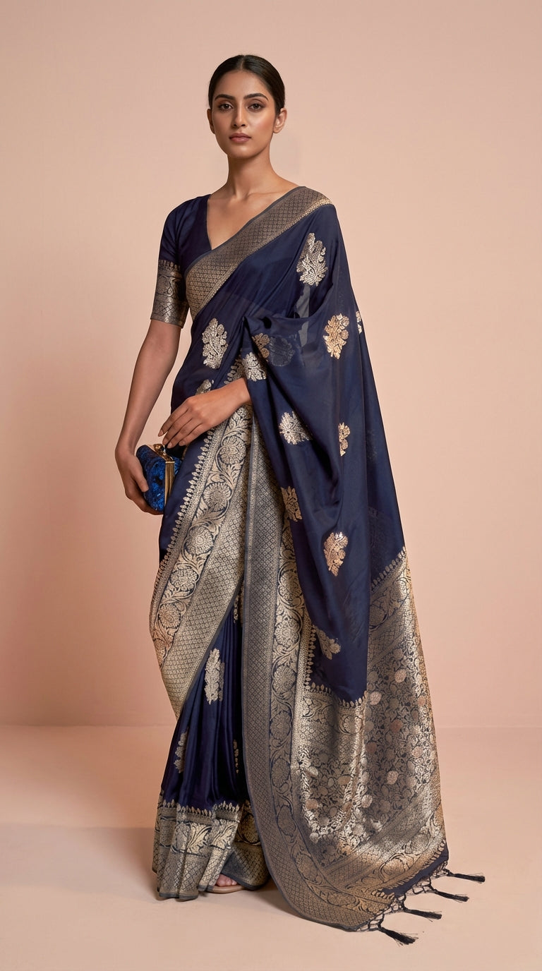 Navy Blue Korsa Georgette Khaddi Saree