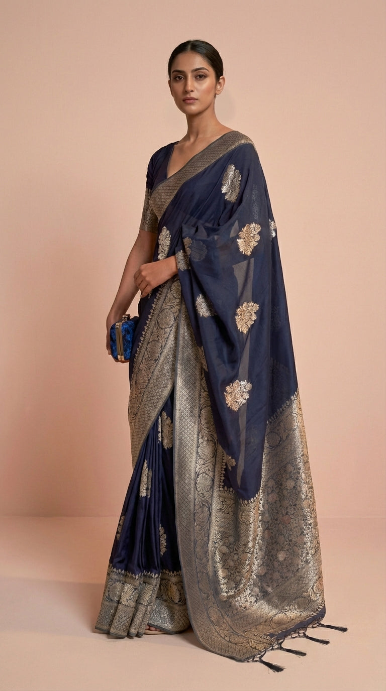 Navy Blue Korsa Georgette Khaddi Saree