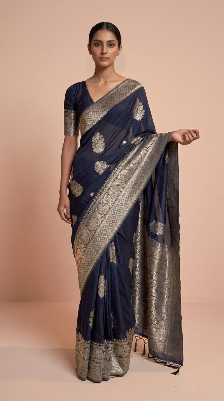 Navy Blue Korsa Georgette Khaddi Saree