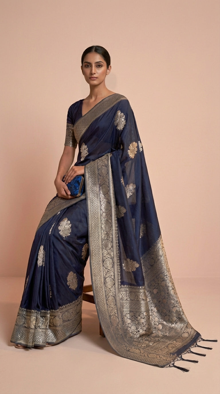 Navy Blue Korsa Georgette Khaddi Saree