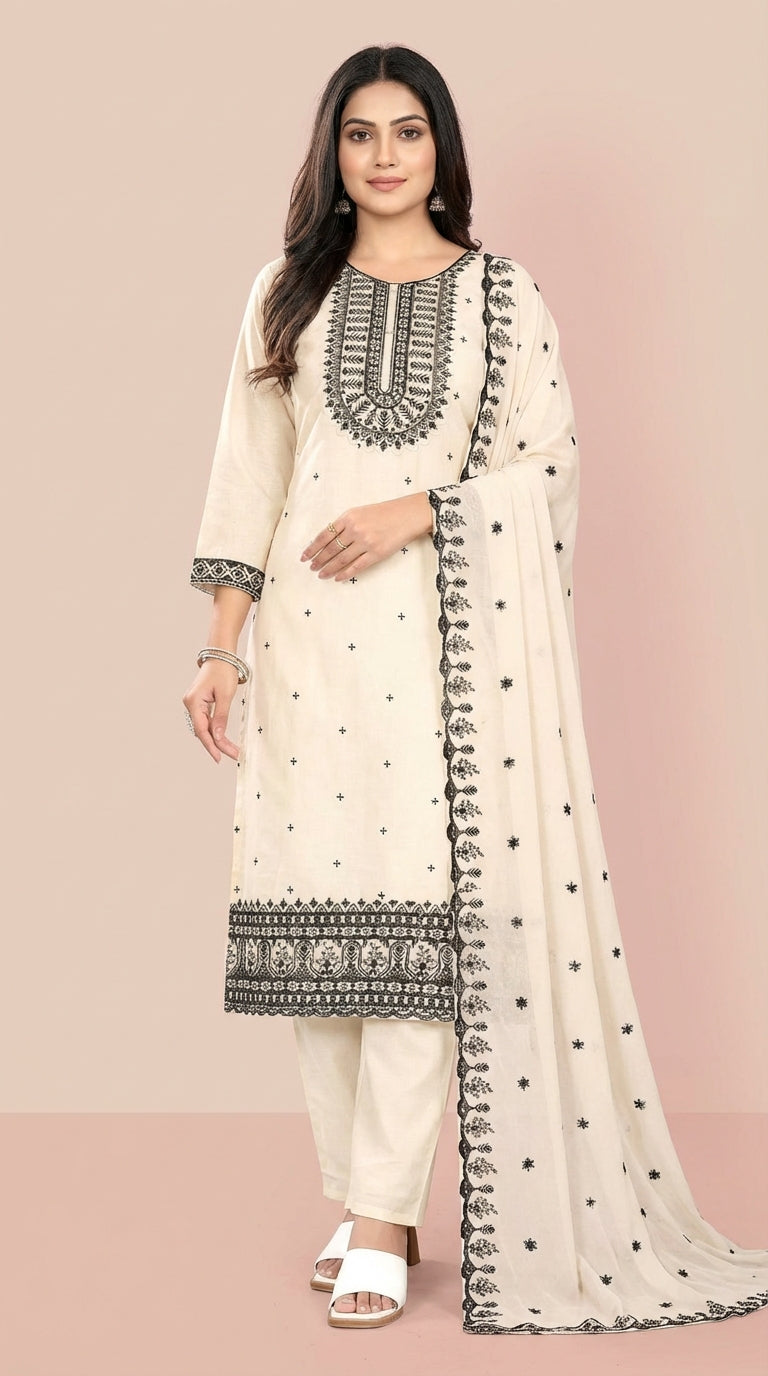 Cream & Black Embroidered Festive Suit Set