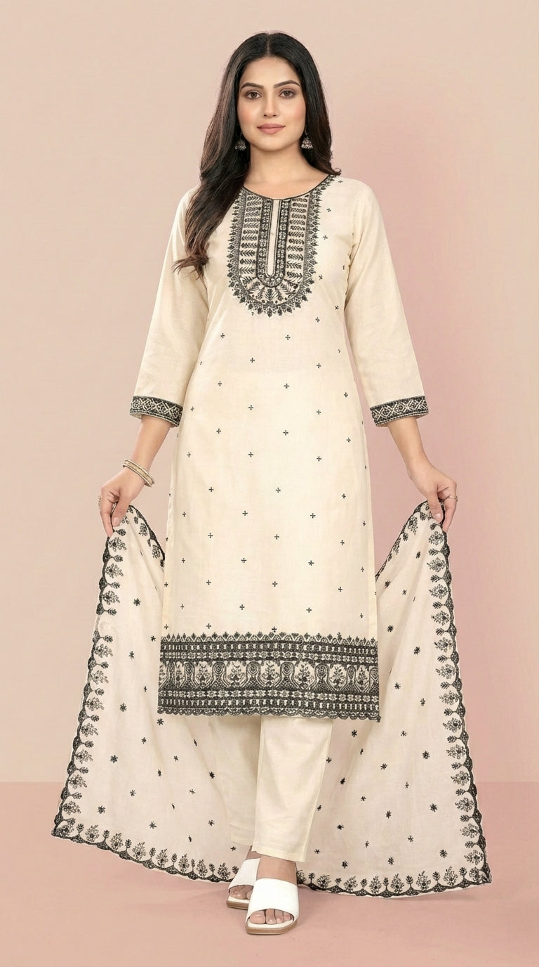 Cream & Black Embroidered Festive Suit Set