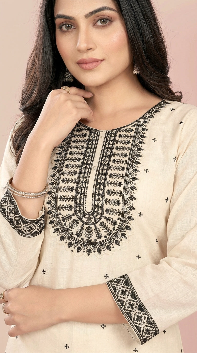 Cream & Black Embroidered Festive Suit Set