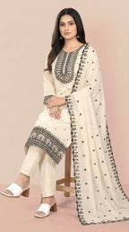 Cream & Black Embroidered Festive Suit Set