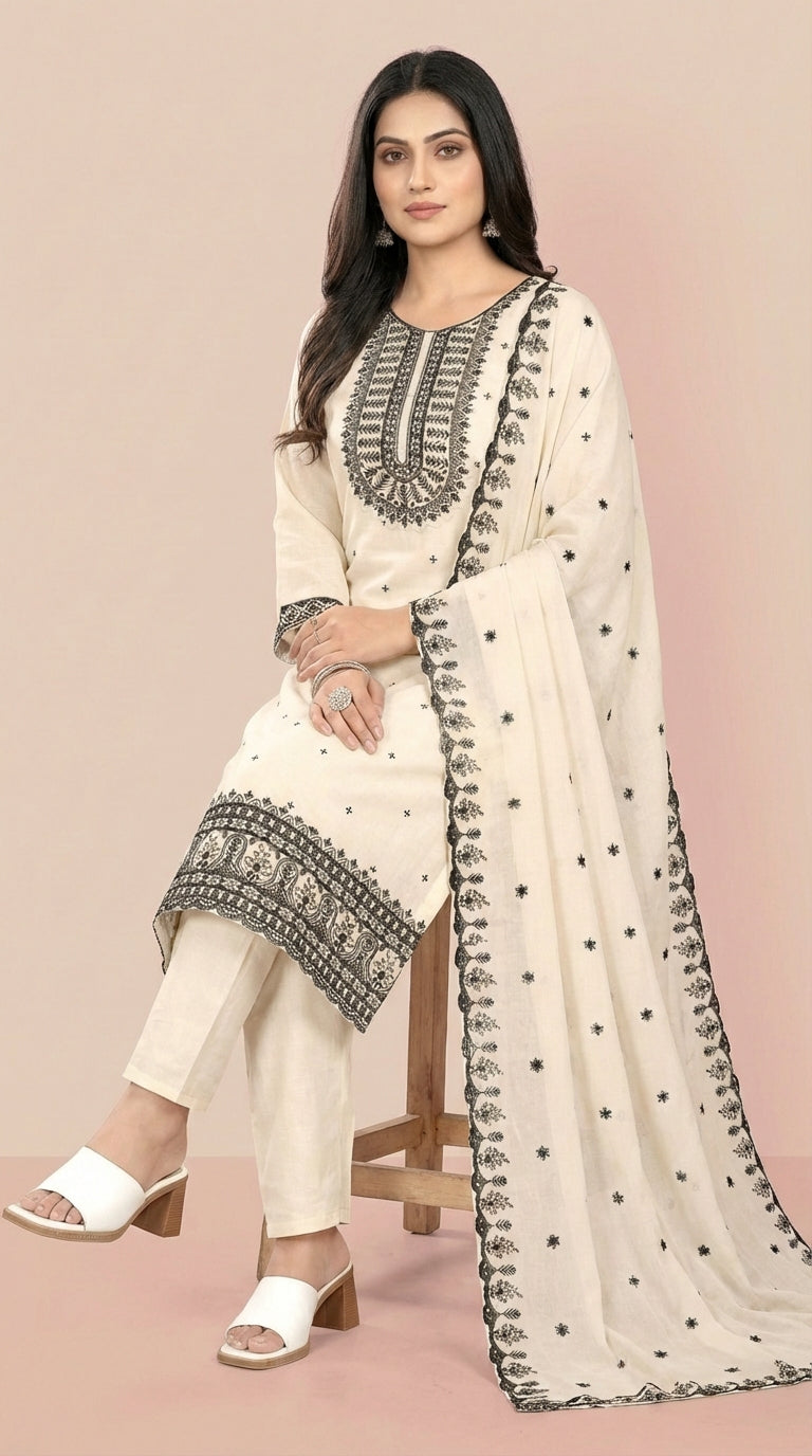 Cream & Black Embroidered Festive Suit Set