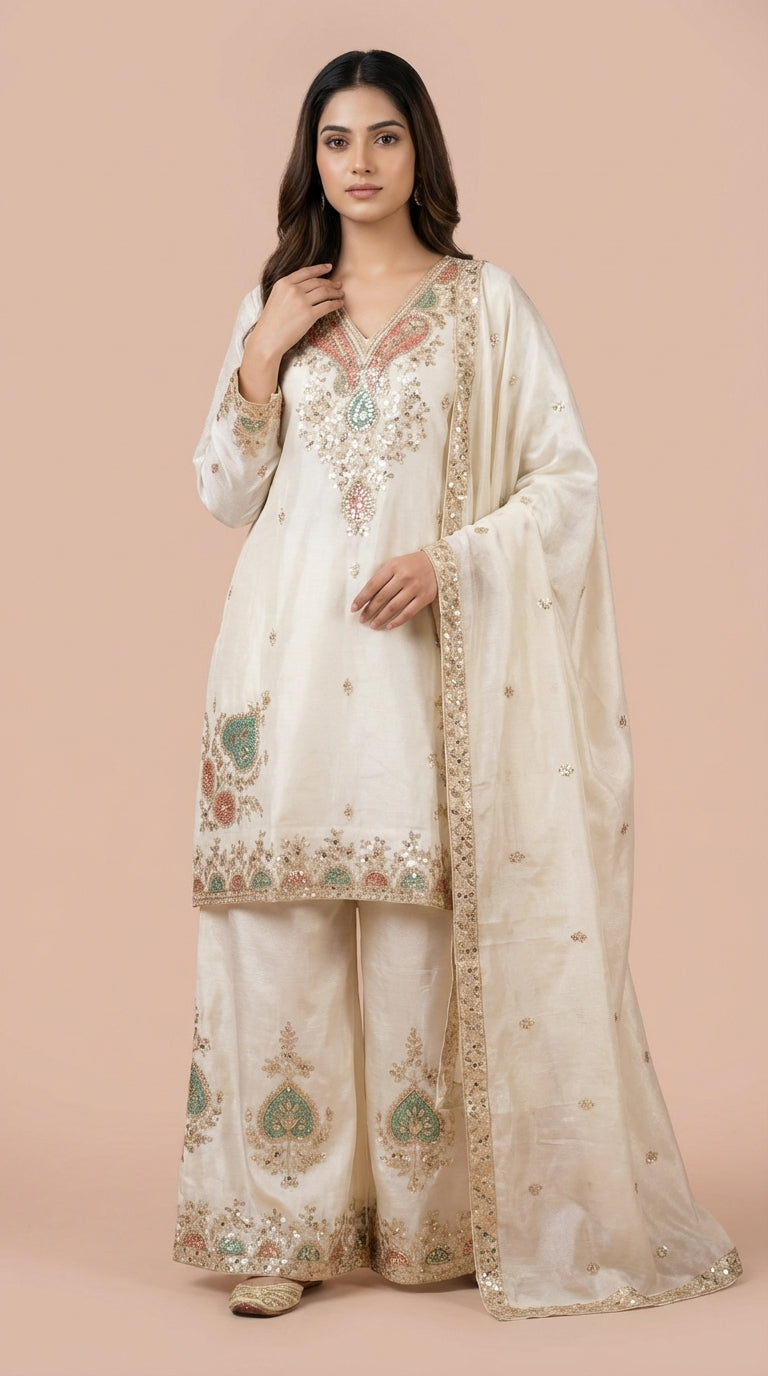 Ivory Silk Embroidered Readymade Suit Set