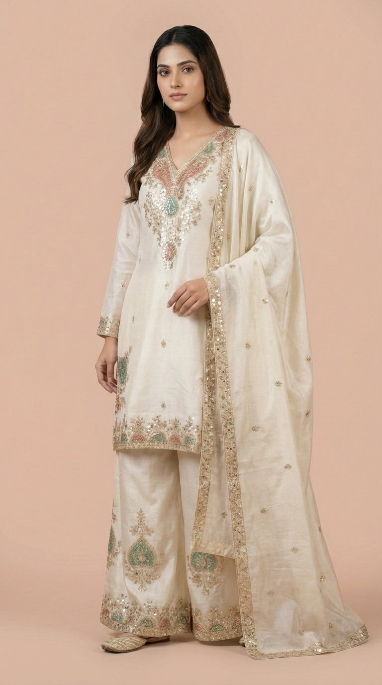 Ivory Silk Embroidered Readymade Suit Set