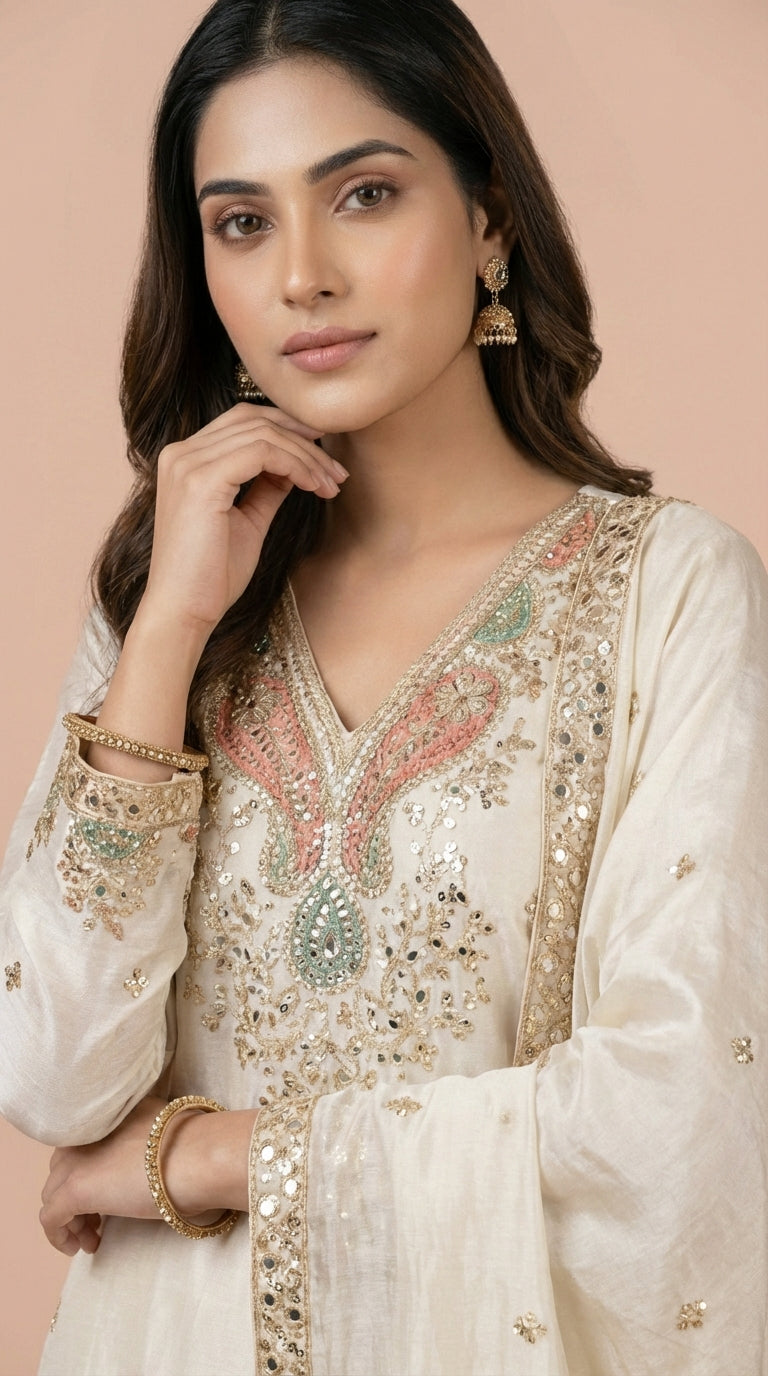 Ivory Silk Embroidered Readymade Suit Set