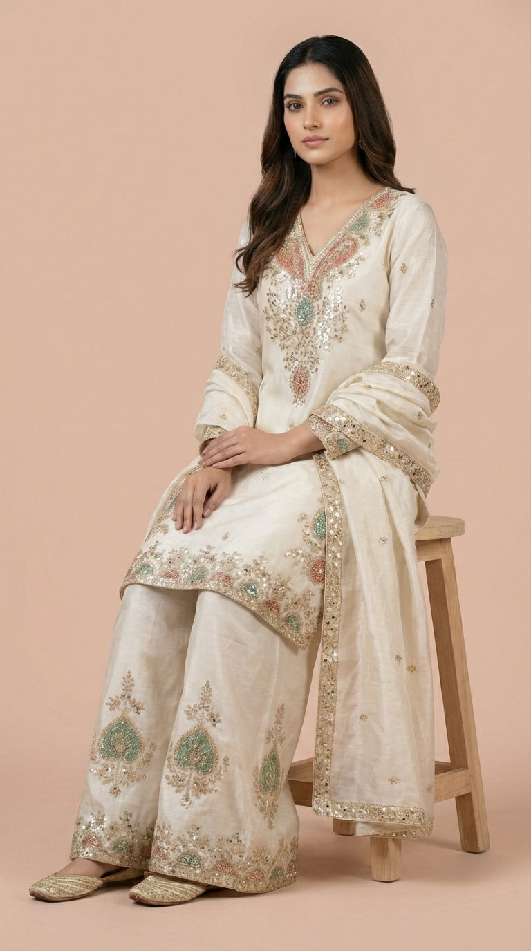 Ivory Silk Embroidered Readymade Suit Set