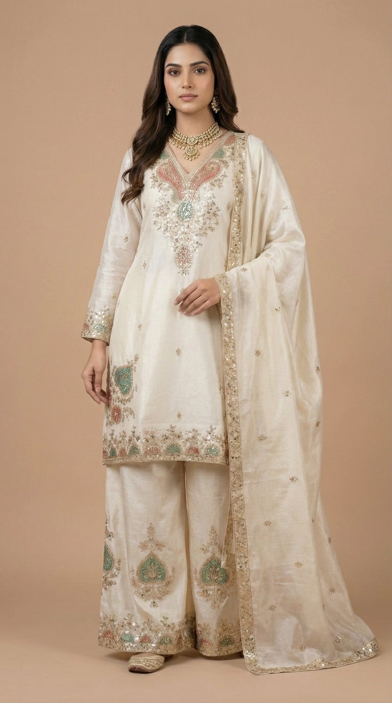 Ivory Silk Embroidered Readymade Suit Set