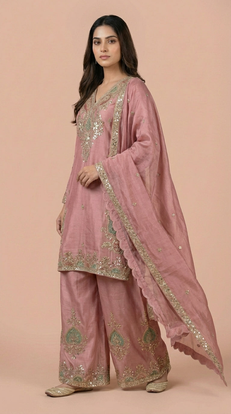Dusky Rose Silk Embroidered Readymade Suit Set