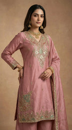 Dusky Rose Silk Embroidered Readymade Suit Set
