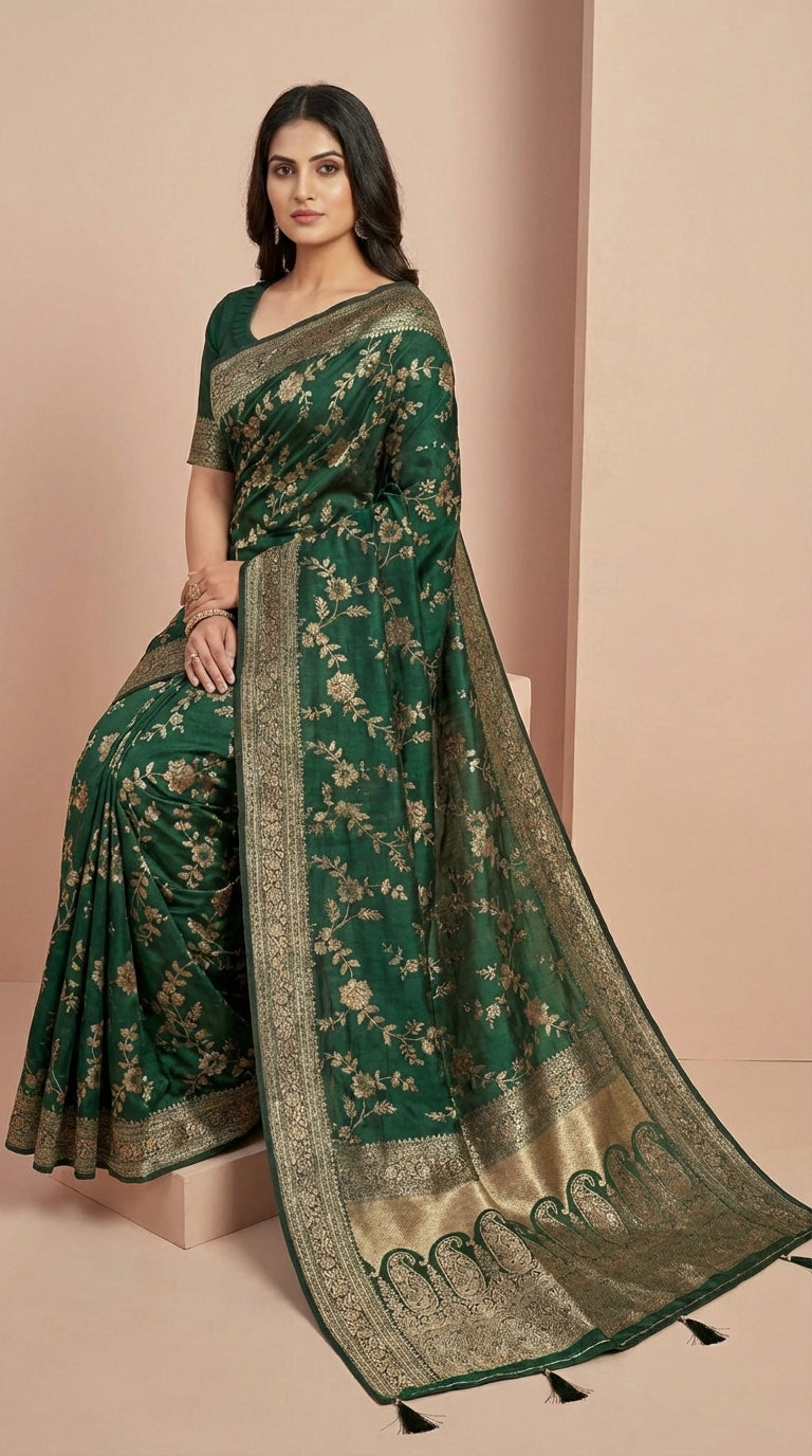 Forest Green Silk Weaving Festive Saree