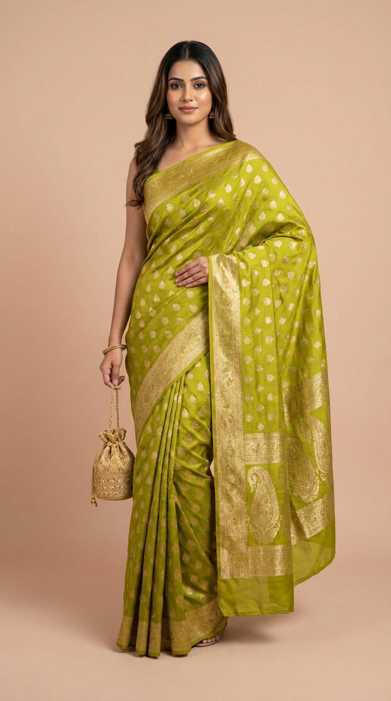 Lime Green Silk Weaving Festive Saree