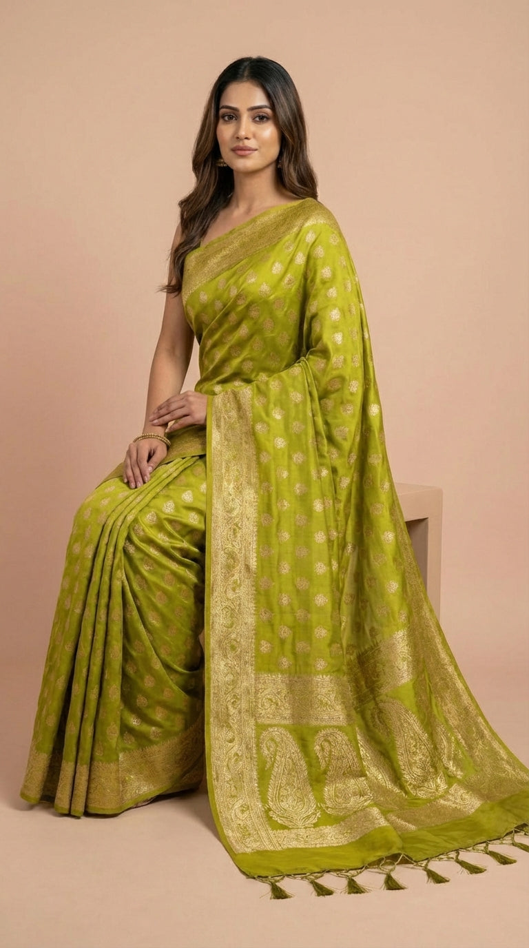 Lime Green Silk Weaving Festive Saree
