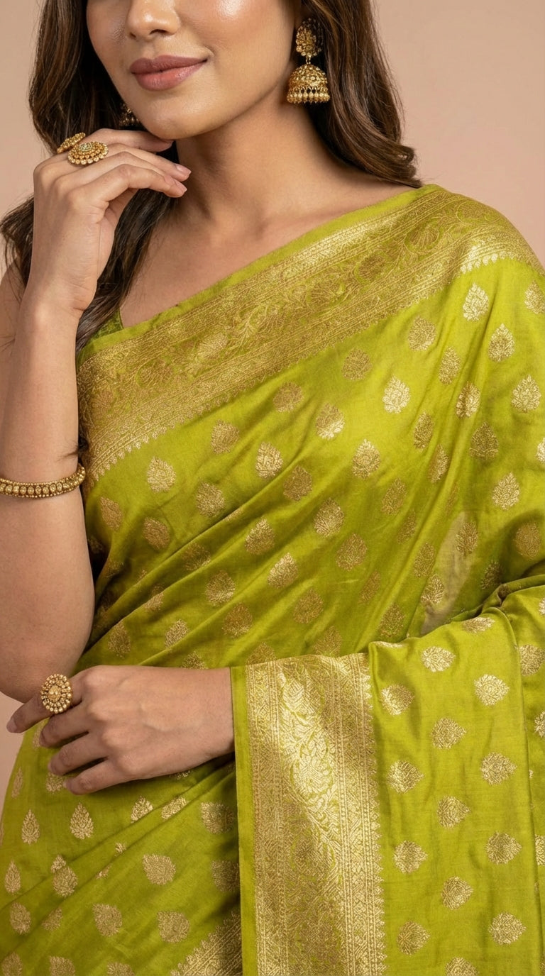 Lime Green Silk Weaving Festive Saree