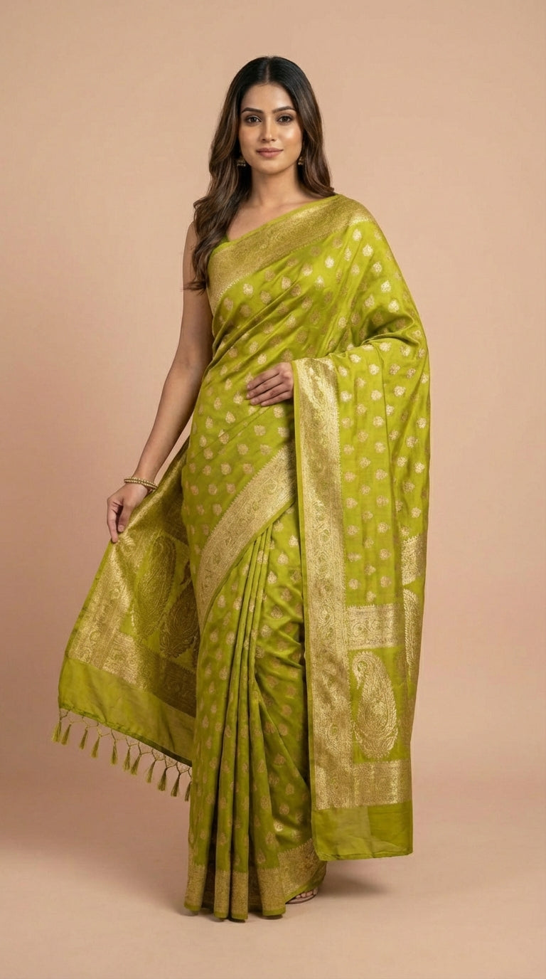 Lime Green Silk Weaving Festive Saree