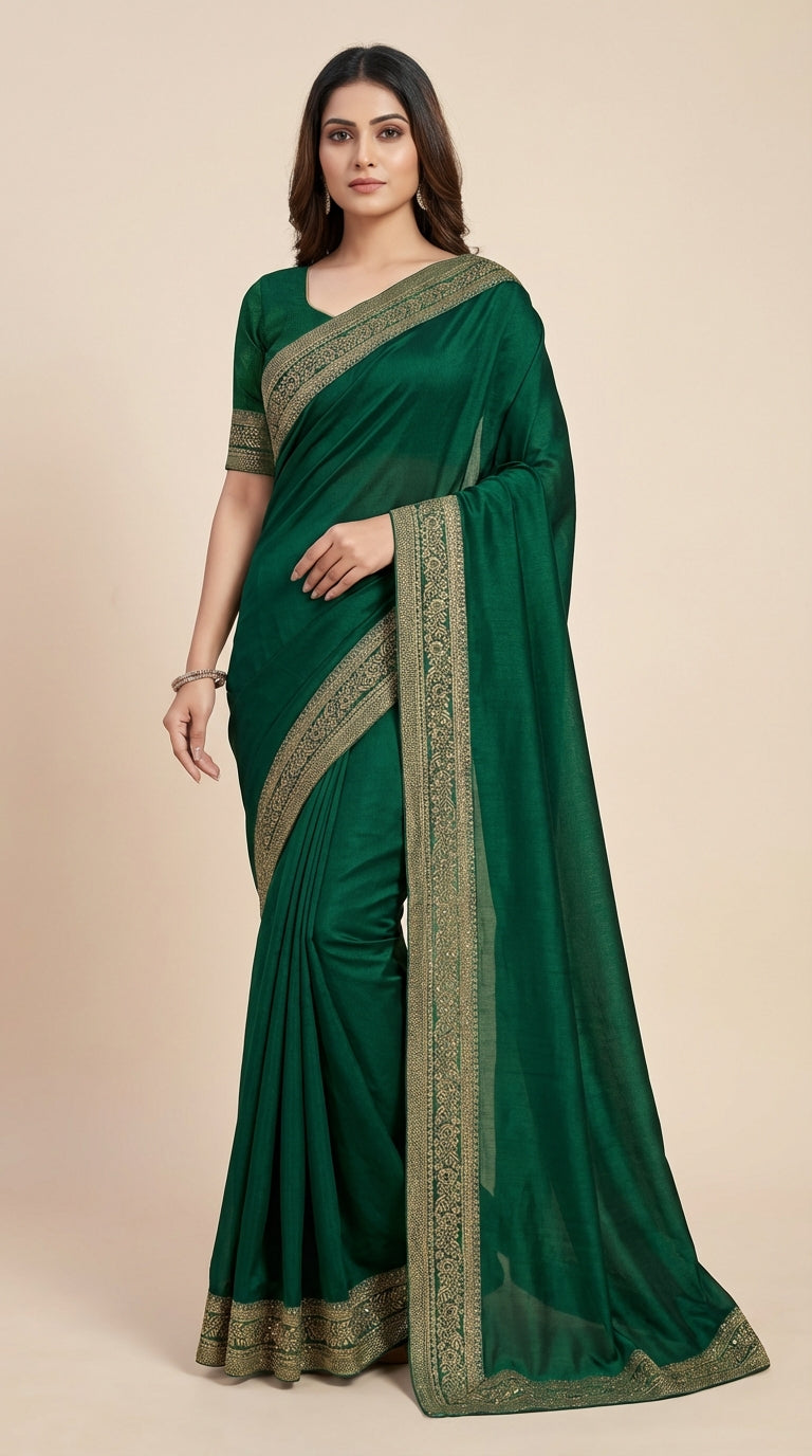 Emerald Green Silk Saree with Lace and Diamond Border