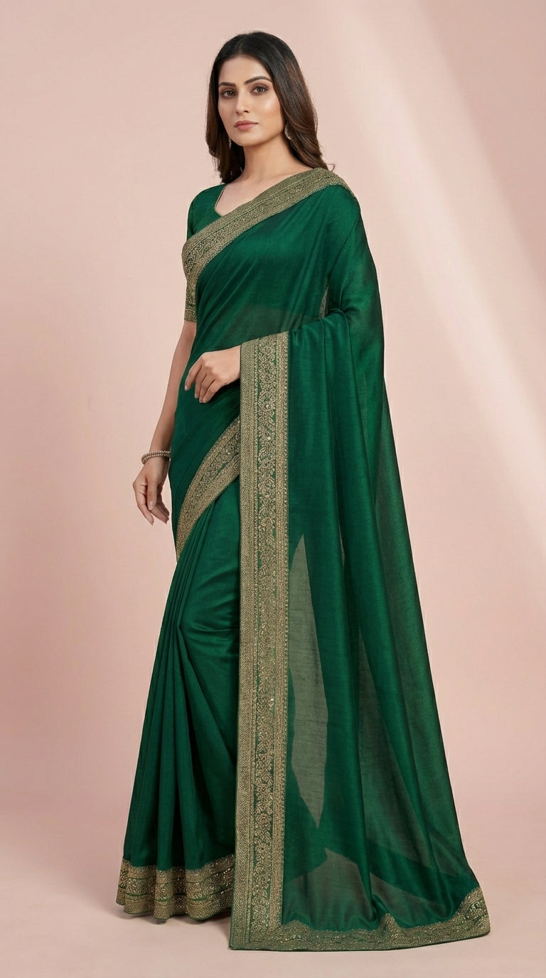 Emerald Green Silk Saree with Lace and Diamond Border