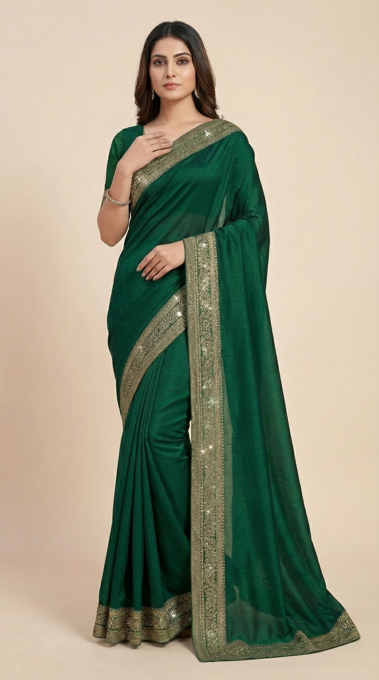 Emerald Green Silk Saree with Lace and Diamond Border