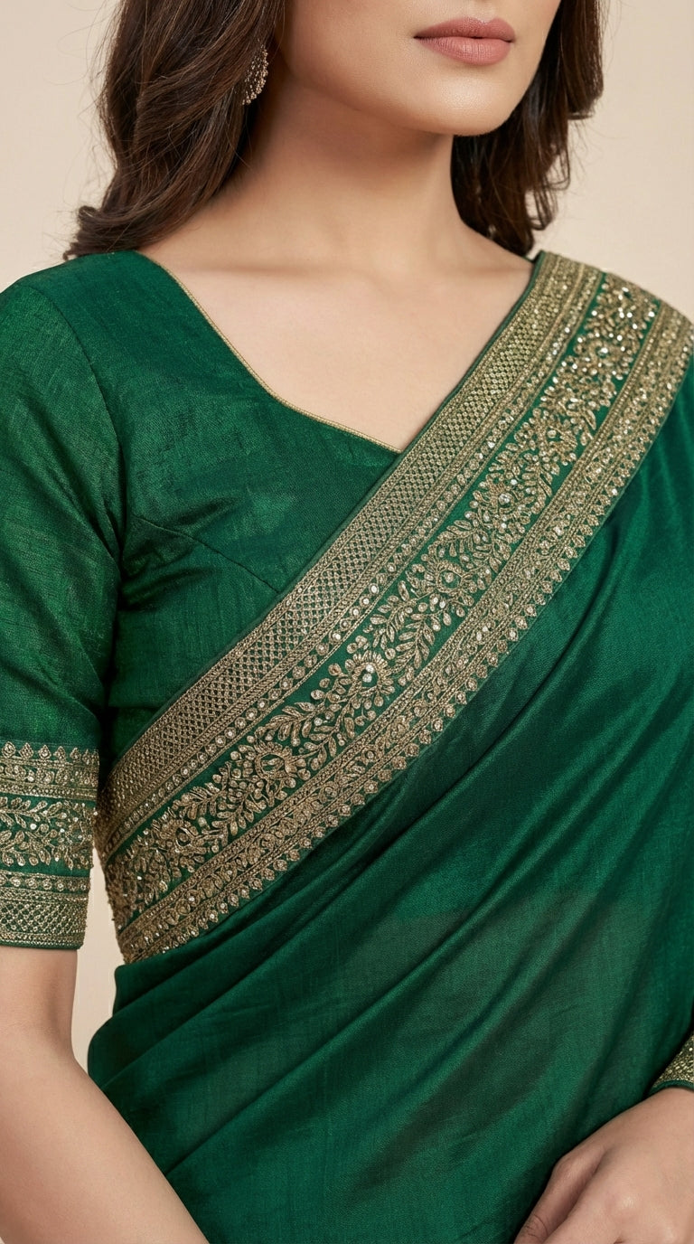 Emerald Green Silk Saree with Lace and Diamond Border