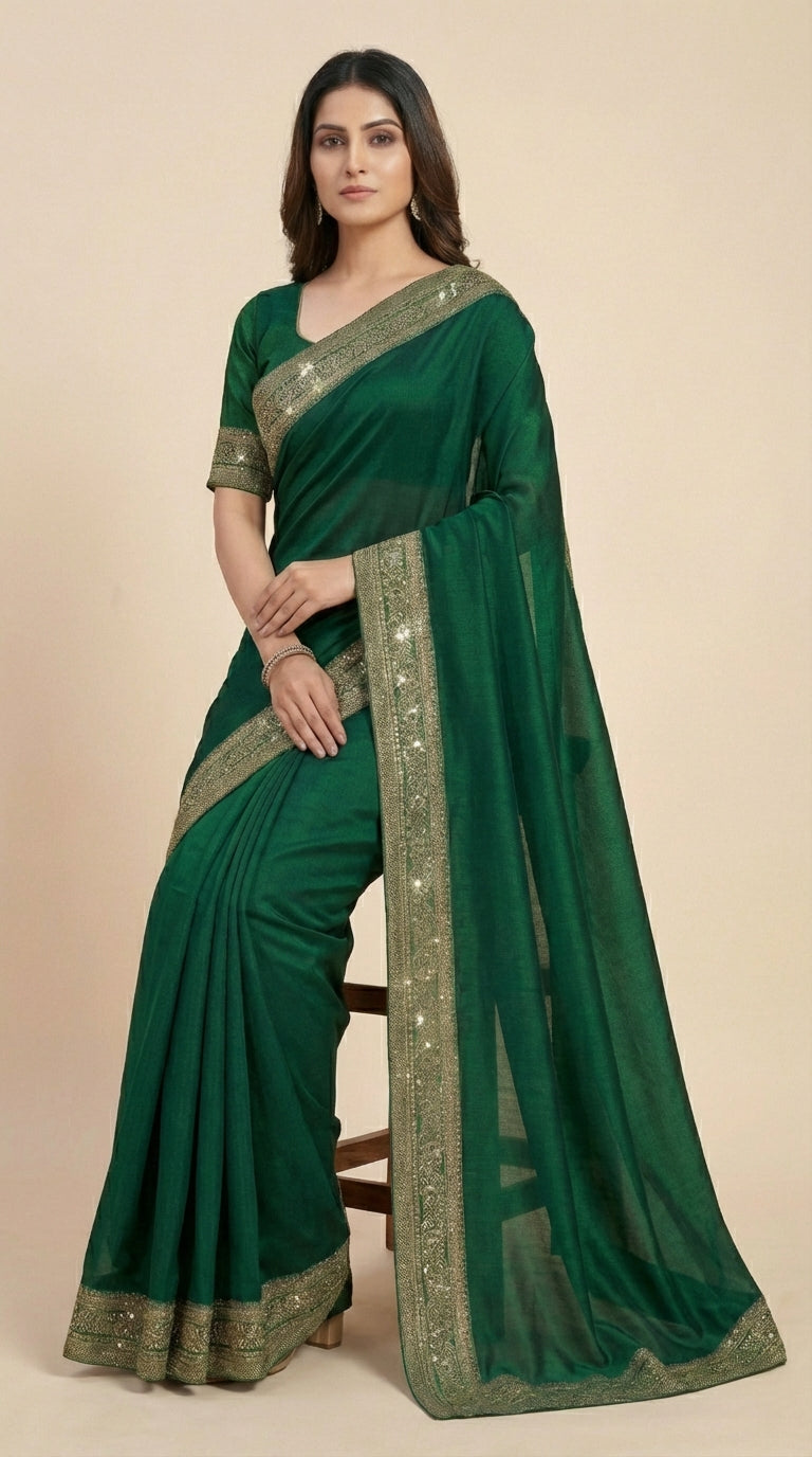 Emerald Green Silk Saree with Lace and Diamond Border