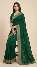 Emerald Green Silk Saree with Lace and Diamond Border