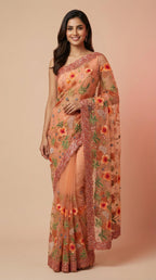 Peach Floral Embroidered Net Saree with Fancy Intricate Work