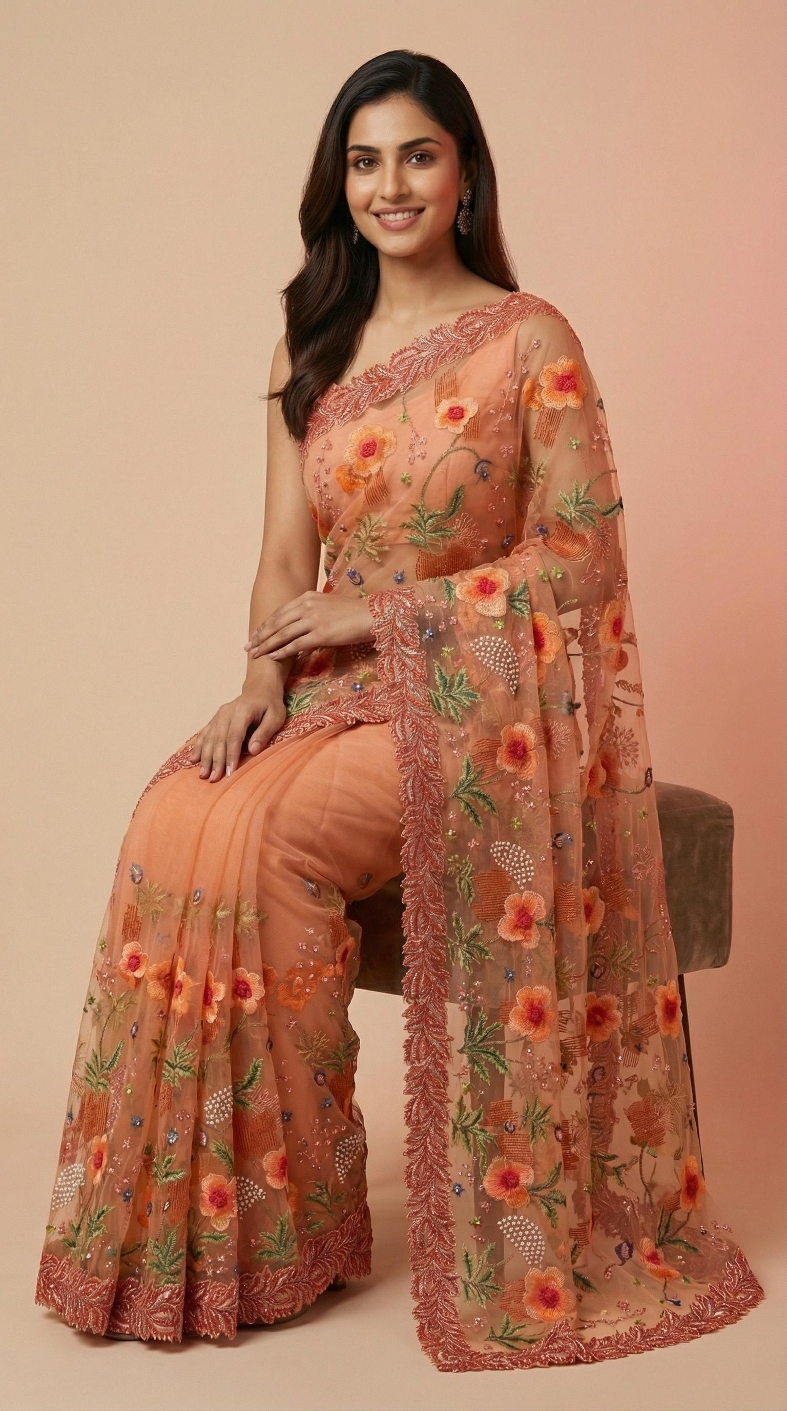 Peach Floral Embroidered Net Saree with Fancy Intricate Work