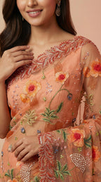 Peach Floral Embroidered Net Saree with Fancy Intricate Work