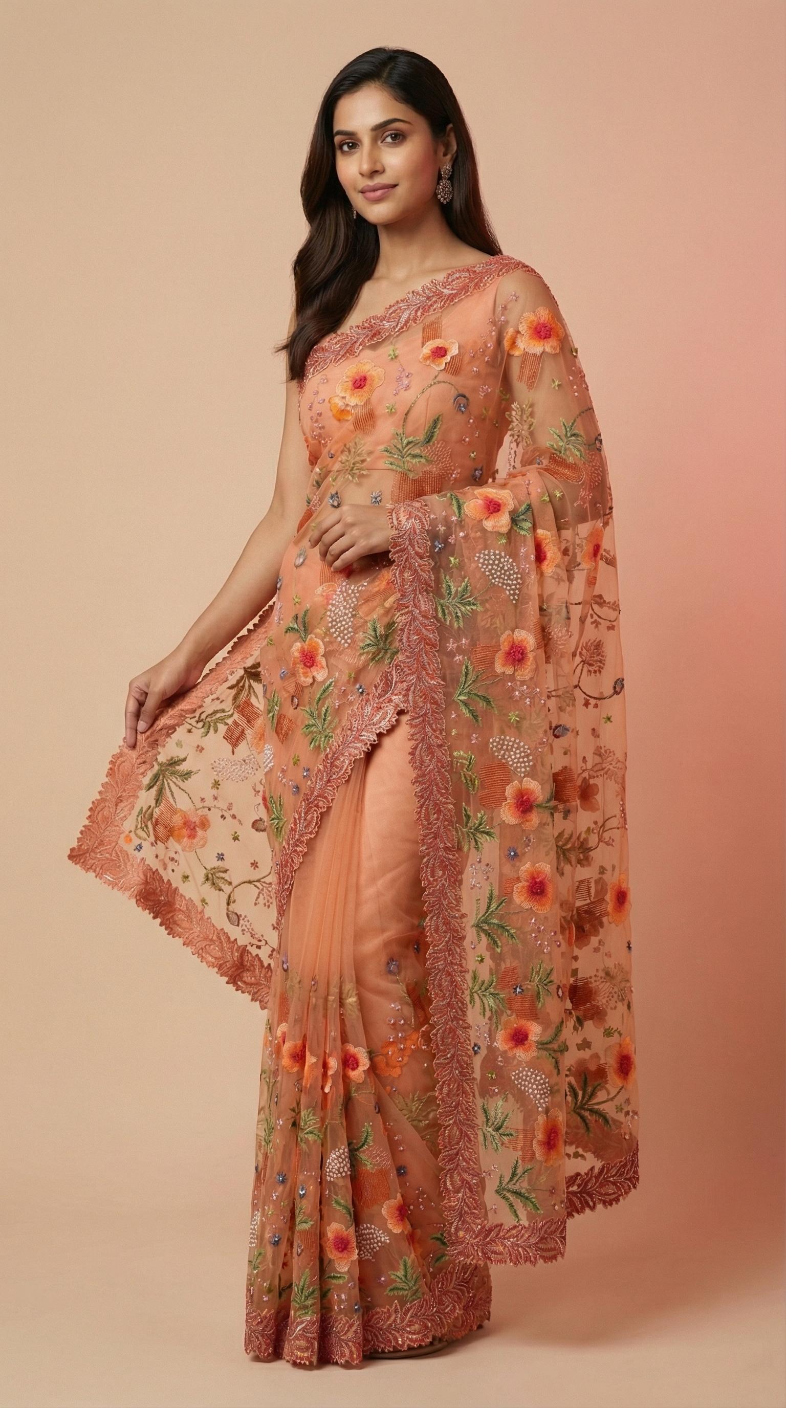 Peach Floral Embroidered Net Saree with Fancy Intricate Work
