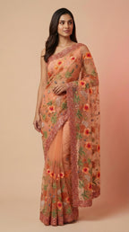 Peach Floral Embroidered Net Saree with Fancy Intricate Work