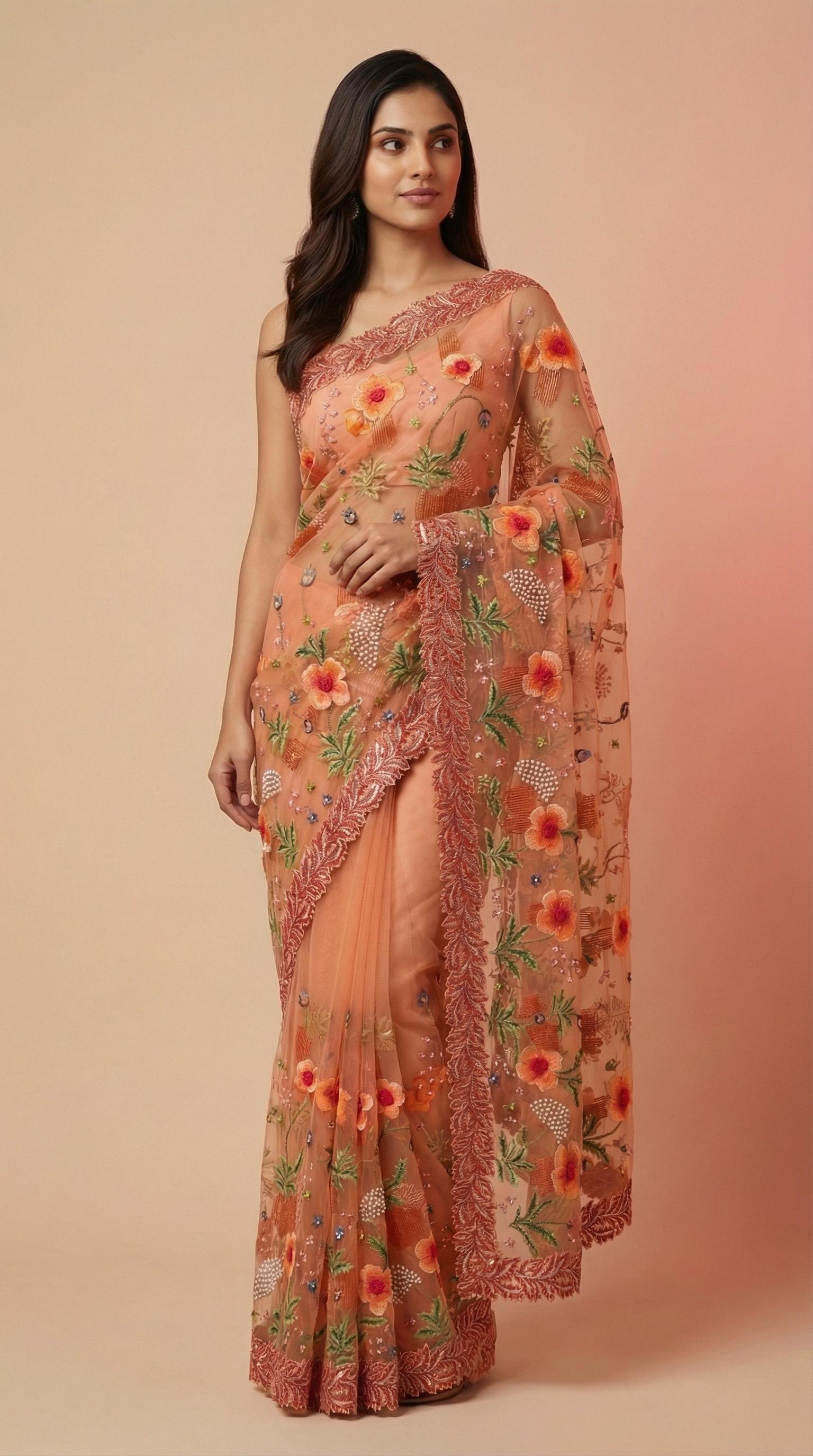Peach Floral Embroidered Net Saree with Fancy Intricate Work