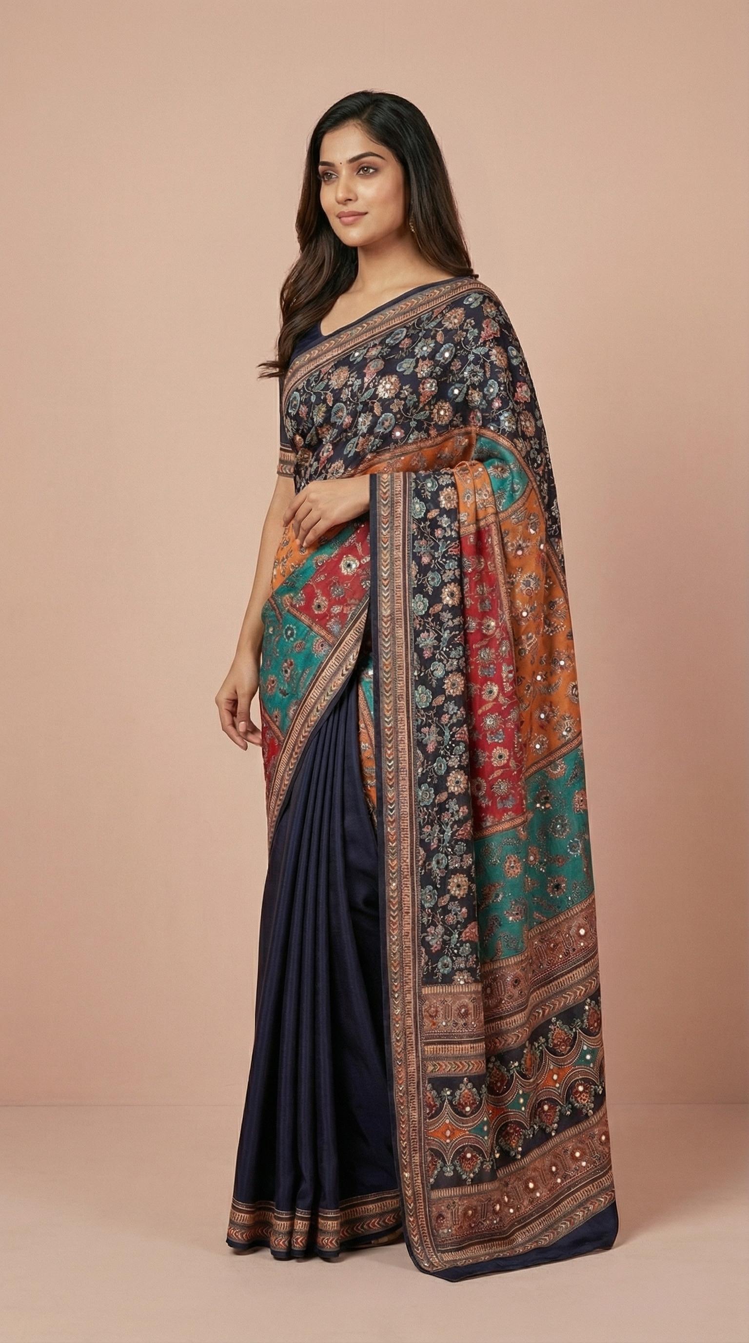 Navy Blue & Multi-Color Vichitra Silk Mirror Work Saree