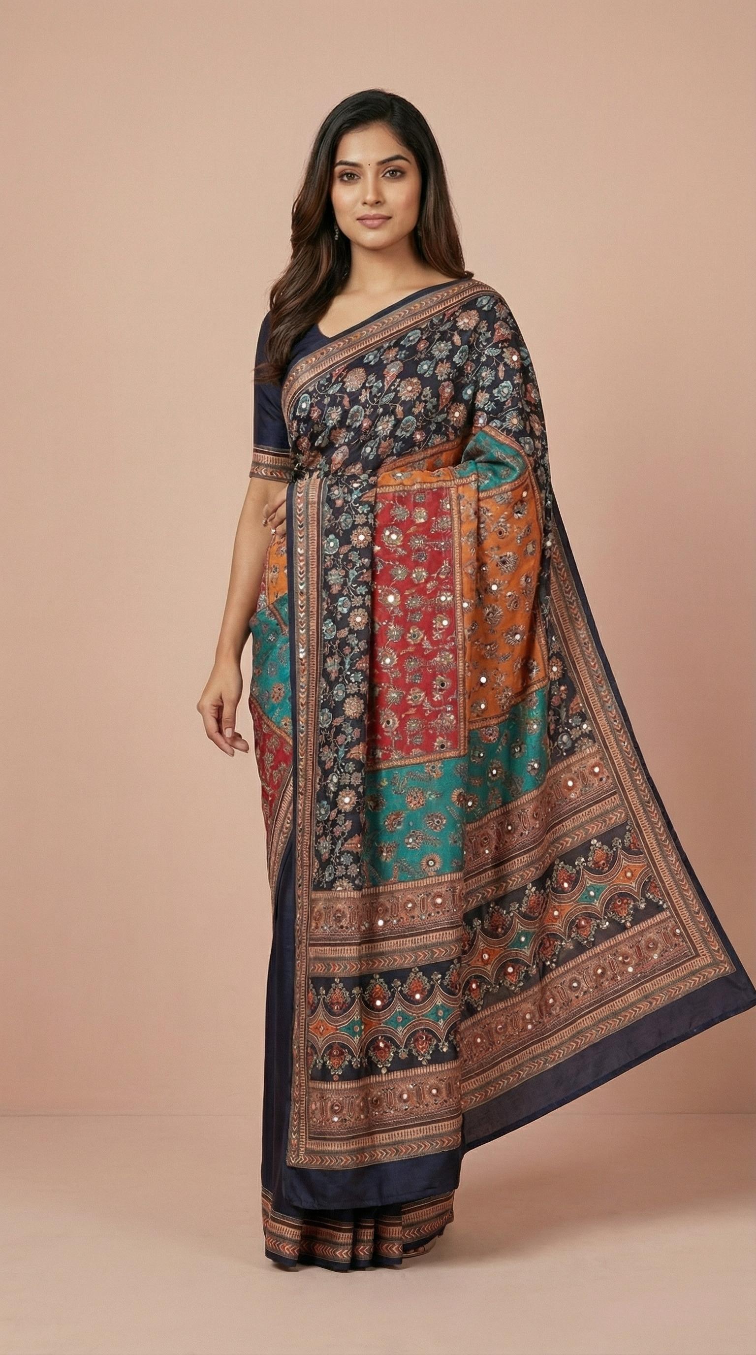 Navy Blue & Multi-Color Vichitra Silk Mirror Work Saree