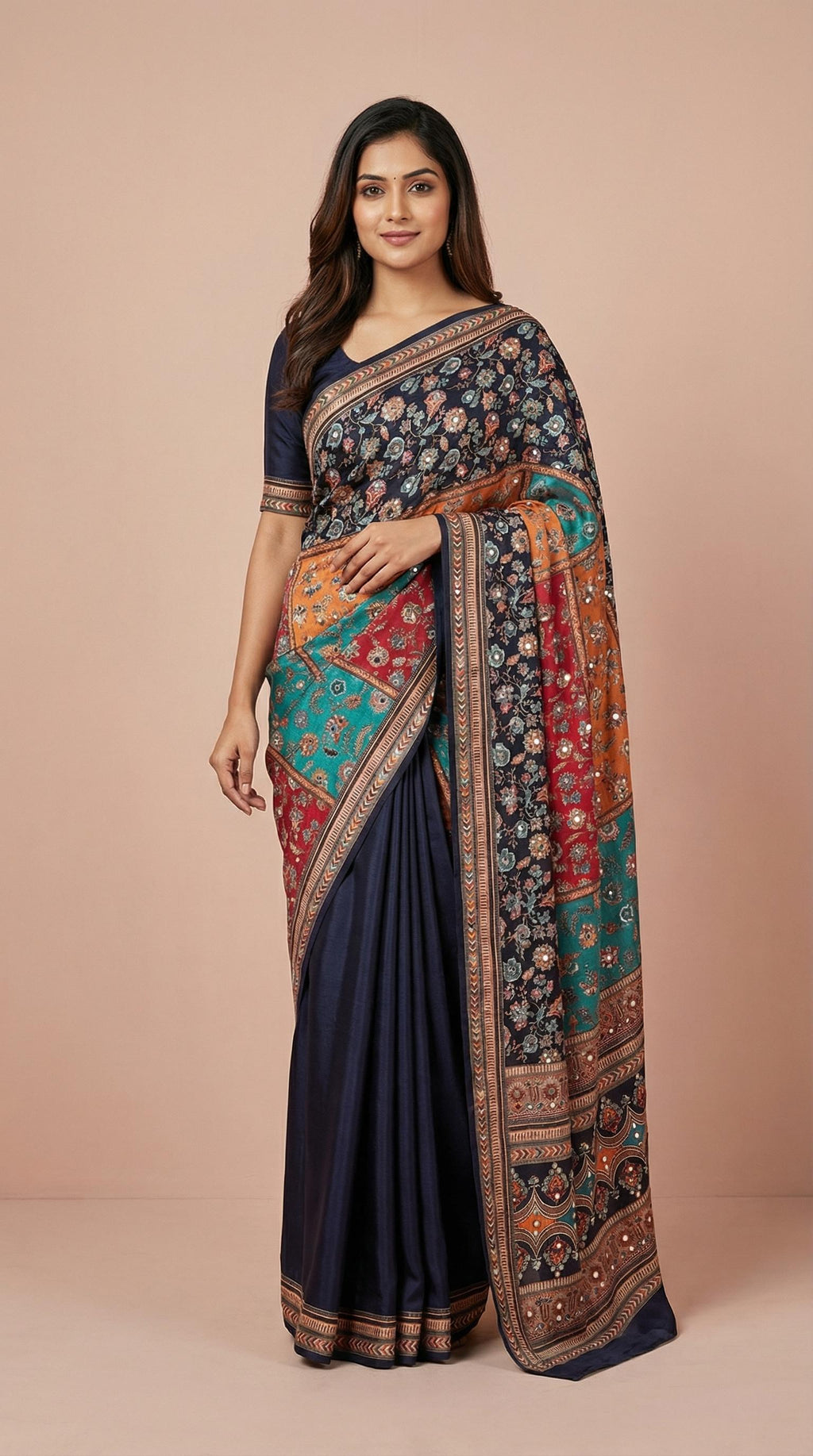 Navy Blue & Multi-Color Vichitra Silk Mirror Work Saree