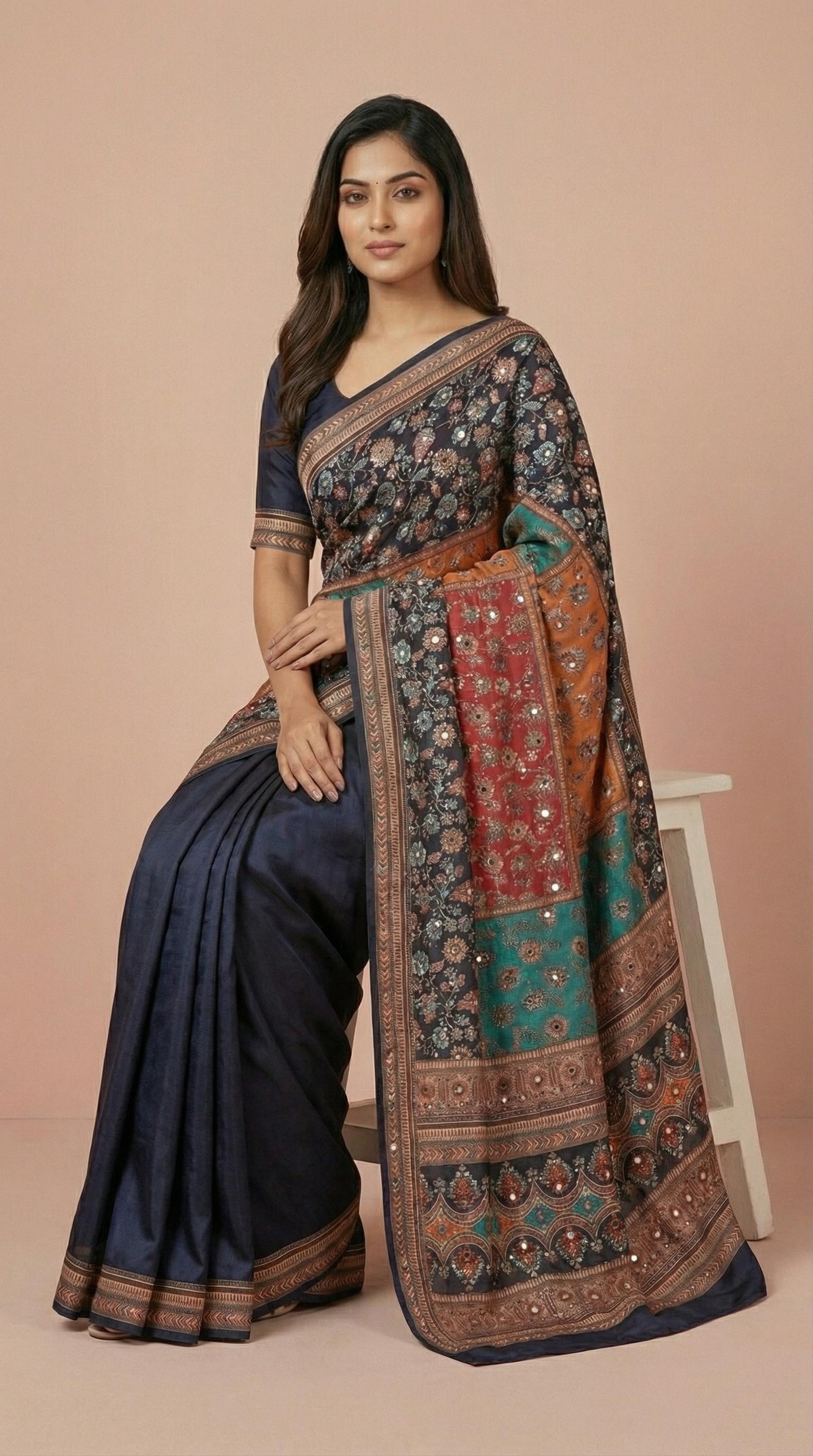 Navy Blue & Multi-Color Vichitra Silk Mirror Work Saree
