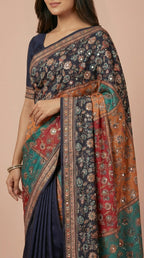 Navy Blue & Multi-Color Vichitra Silk Mirror Work Saree