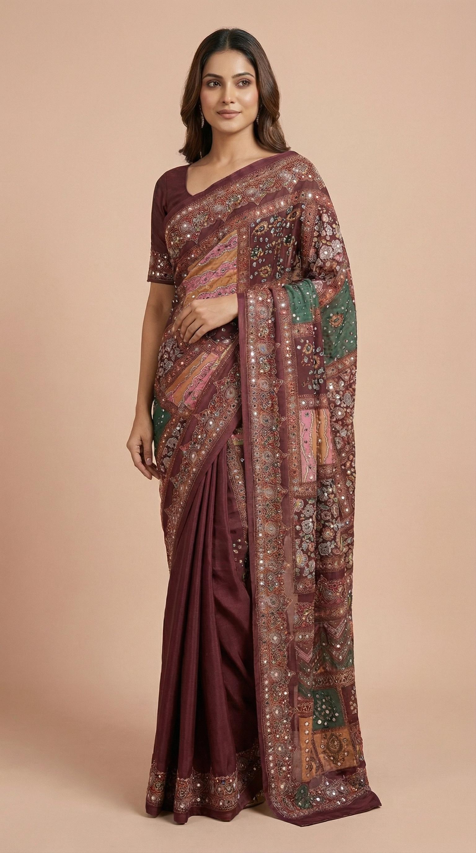 Wine Vichitra Silk Mirror Work Saree with Multi-Color Patchwork